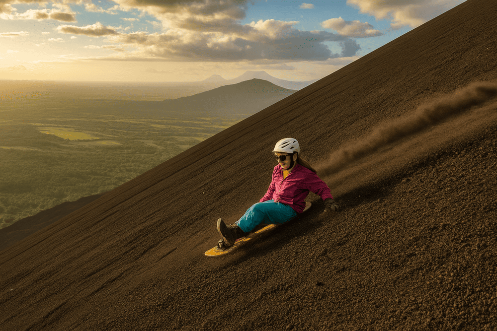 Volcano boarding in Nicaragua offers a thrilling descent down the ash-covered slopes of Cerro Negro at exhilarating speeds (Source: Internet)
